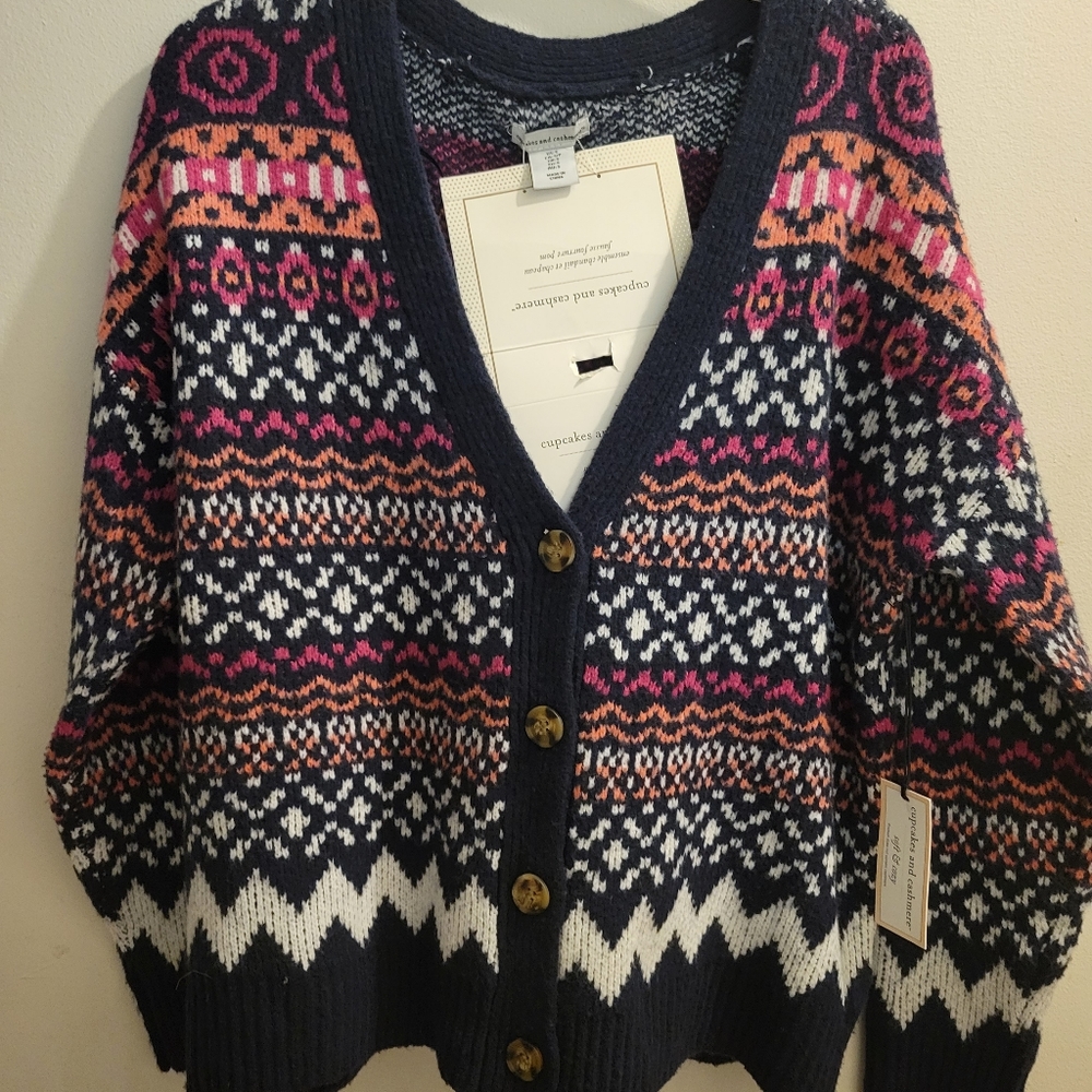 NWT Cupcakes & Cashmere Navy Fair Isle OVERSIZED Cardigan SWEATER & HAT Sz Small